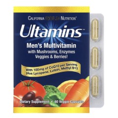 California Gold Nutrition, Ultamins, мультивитаминный комплекс для мужчин с коэнзимом Q10, грибами, ферментами, овощами и ягодами, 60 растительных капсул